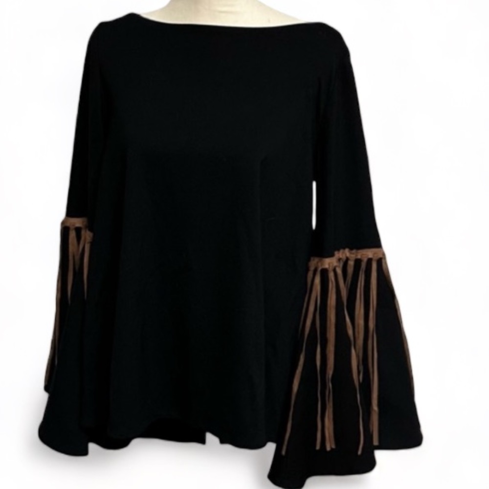 NEW Judith March Black Top With Fringe On Bell Sleeve Ladies Size Large NWOT